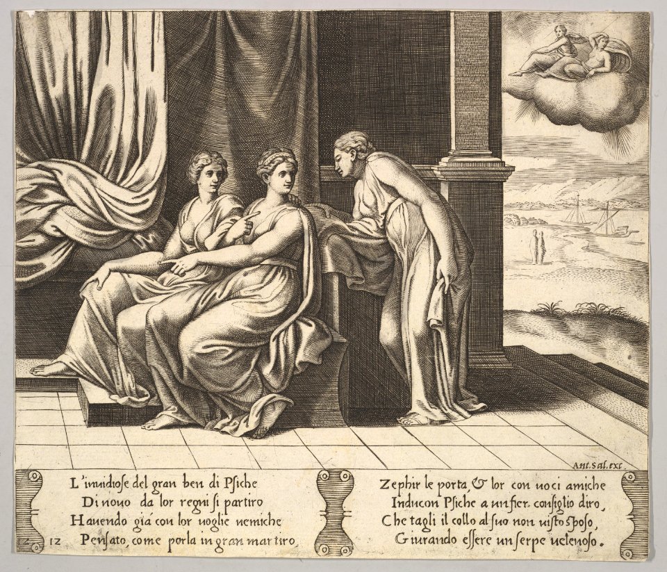 Plate 12- Psyche's sisters persuade her a serpent is sleeping with her, from 'The Fable of Psyche' MET DP824800