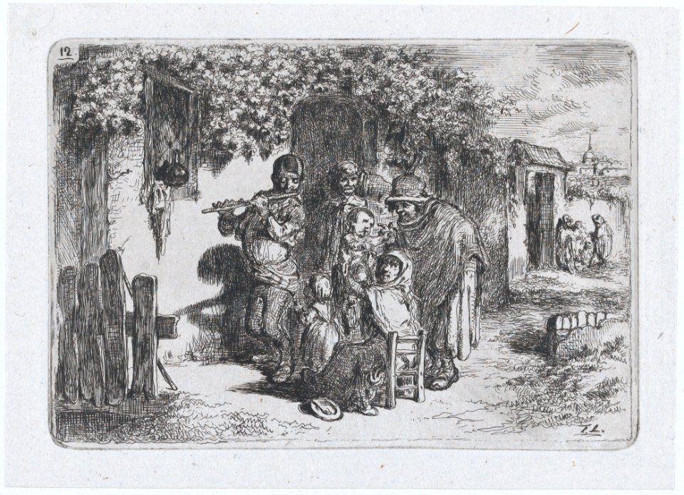 Plate 12- a group of people outdoors including a boy playing a flute, from the series of customs and pastimes of the Spanish people MET DP876043