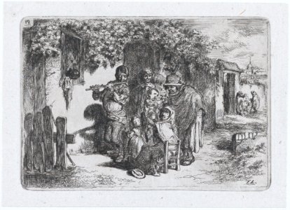 Plate 12- a group of people outdoors including a boy playing a flute, from the series of customs and pastimes of the Spanish people MET DP876043
