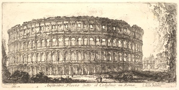 Plate 12- Flavian Amphitheater, called the Colosseum. 1. Arch of Constantine. 2. Palatine Hill. (Anfiteatro Flavio detto il Colosseo in Roma. 1. Arco di Costantino. 2. Monte Palatino.) MET DP827918