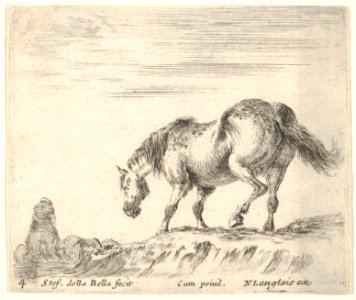 Plate 4- a horse in profile facing the left, about to descend from a mound, a horseman to left in background, from 'Diversi capricci' MET DP833175