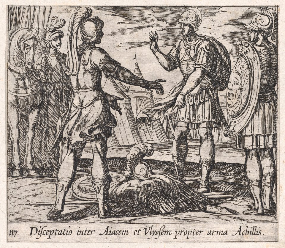 Plate 117- The Dispute over Achilles' Armor (Disceptatio inter Aiacem et Ulyssem propter arma Achillis), from Ovid's 'Metamorphoses' MET DP866564
