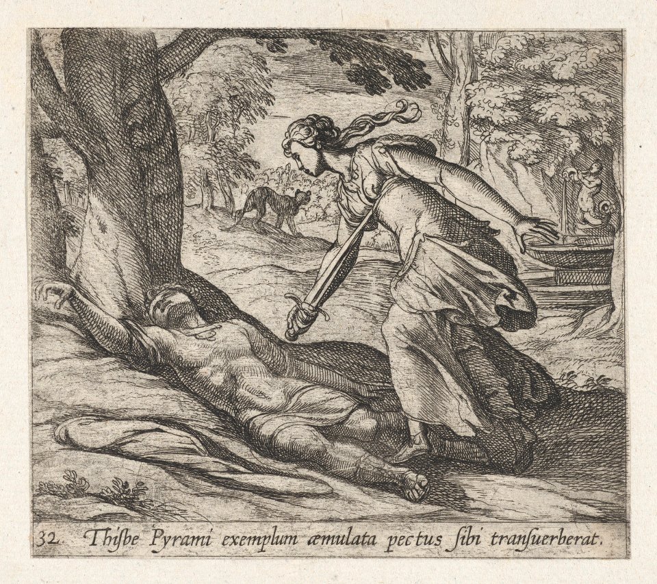 Plate 32- Thisbe Killing Herself (Thisbe Pyrami exemplum aemulata pectus sibi trasuerberat), from Ovid's 'Metamorphoses' MET DP864261