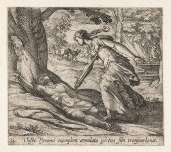 Plate 32- Thisbe Killing Herself (Thisbe Pyrami exemplum aemulata pectus sibi trasuerberat), from Ovid's 'Metamorphoses' MET DP864261