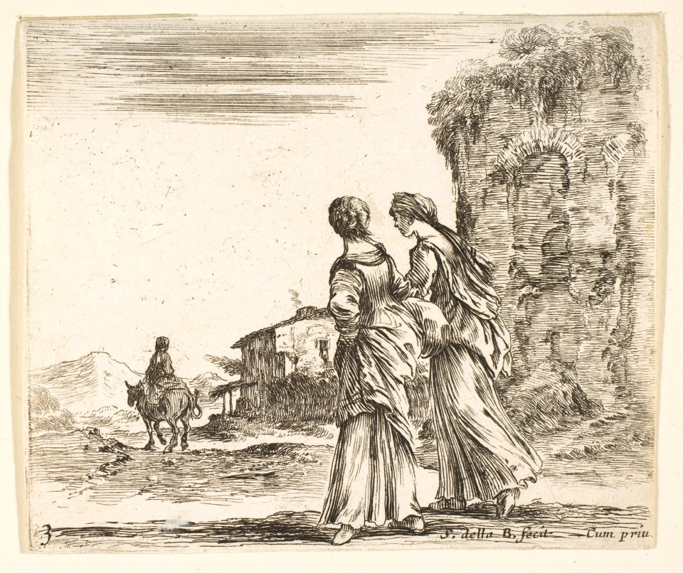 Plate 3- two girls walking towards the left, seen from behind, a woman on a horse to left in background, from 'Diversi capricci' MET DP817352