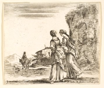 Plate 3- two girls walking towards the left, seen from behind, a woman on a horse to left in background, from 'Diversi capricci' MET DP817352