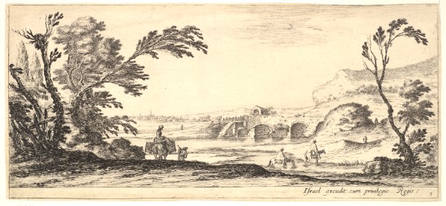 Plate 3- two horsemen crossing a river to right, a woman with two baskets atop a donkey to left, trees to the left and right, a bridge in the background, from 'Various landscapes' (Divers paysages) MET DP827794