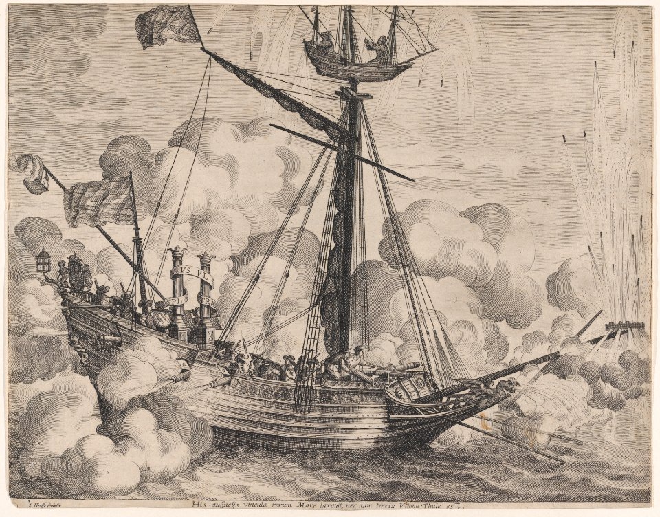Plate 37- Triumphal ship with fireworks display to the right; from Guillielmus Becanus's 'Serenissimi Principis Ferdinandi, Hispaniarum Infantis...' MET DP874793