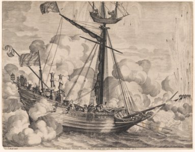 Plate 37- Triumphal ship with fireworks display to the right; from Guillielmus Becanus's 'Serenissimi Principis Ferdinandi, Hispaniarum Infantis...' MET DP874793
