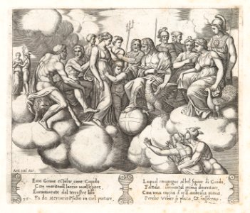 Plate 30- Venus and Cupid pleading their case before Jupiter and other Gods with Mercury transporting Psyche to the heavens at lower right, from the Story of Cupid and Psyche as told by Apuleius MET DP862836