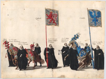 Plate 39- Men with heraldic flags and horses from Burgundy and Artois marching in the funeral procession of Archduke Albert of Austria; from 'Pompa Funebris ... Alberti Pii' MET DP874755