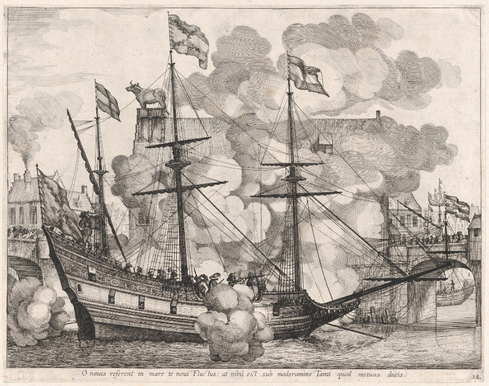 Plate 38- Triumphal ship with the city of Ghent in the background; from Guillielmus Becanus's 'Serenissimi Principis Ferdinandi, Hispaniarum Infantis...' MET DP874794