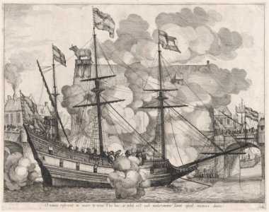 Plate 38- Triumphal ship with the city of Ghent in the background; from Guillielmus Becanus's 'Serenissimi Principis Ferdinandi, Hispaniarum Infantis...' MET DP874794