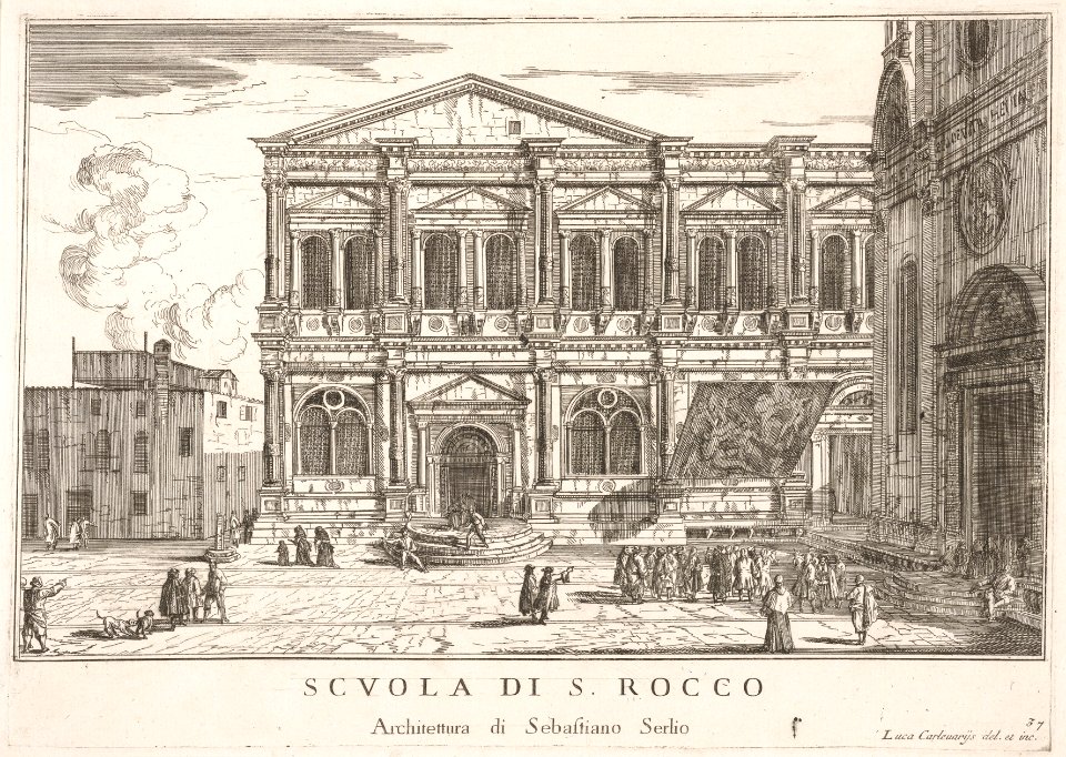 Plate 37- Side view of the school of St. Roch at left and view of facade of the church of St. Roch, Venice, 1703 from the series 'The buildings and views of Venice' (Le fabriche e vedute di Venezia) MET DP832216