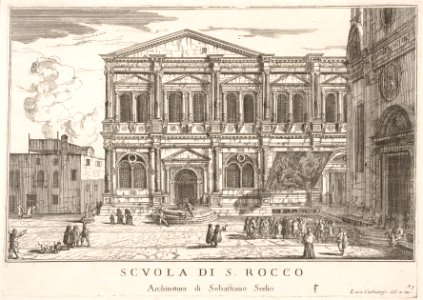 Plate 37- Side view of the school of St. Roch at left and view of facade of the church of St. Roch, Venice, 1703 from the series 'The buildings and views of Venice' (Le fabriche e vedute di Venezia) MET DP832216