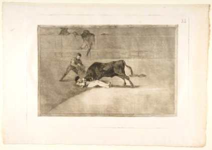 Plate 33 from the 'Tauromaquia'- The unlucky death of Pepe Illo in the ring at Madrid. MET DP817525. Free illustration for personal and commercial use.