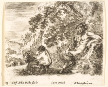 Plate 23- a satyr sitting against a tree to right and holding a flute in his right hand, a child playing with a goat to left, from 'Diversi capricci' MET DP817349