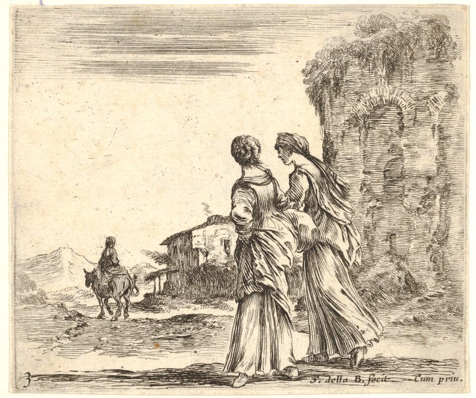 Plate 3- two girls walking towards the left, seen from behind, a woman on a horse to left in background, from 'Diversi capricci' MET DP833174