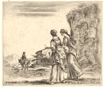 Plate 3- two girls walking towards the left, seen from behind, a woman on a horse to left in background, from 'Diversi capricci' MET DP833174
