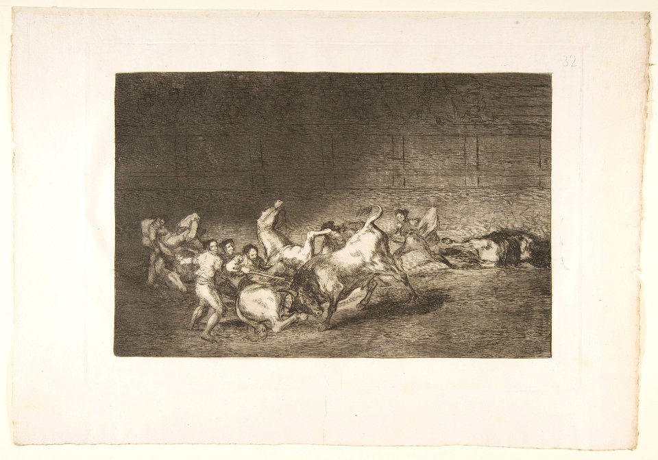 Plate 32 from the 'Tauromaquia'-Two teams of picadors thrown one after the other by a single bull. MET DP817792