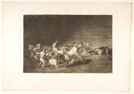 Plate 32 from the 'Tauromaquia'-Two teams of picadors thrown one after the other by a single bull. MET DP817792