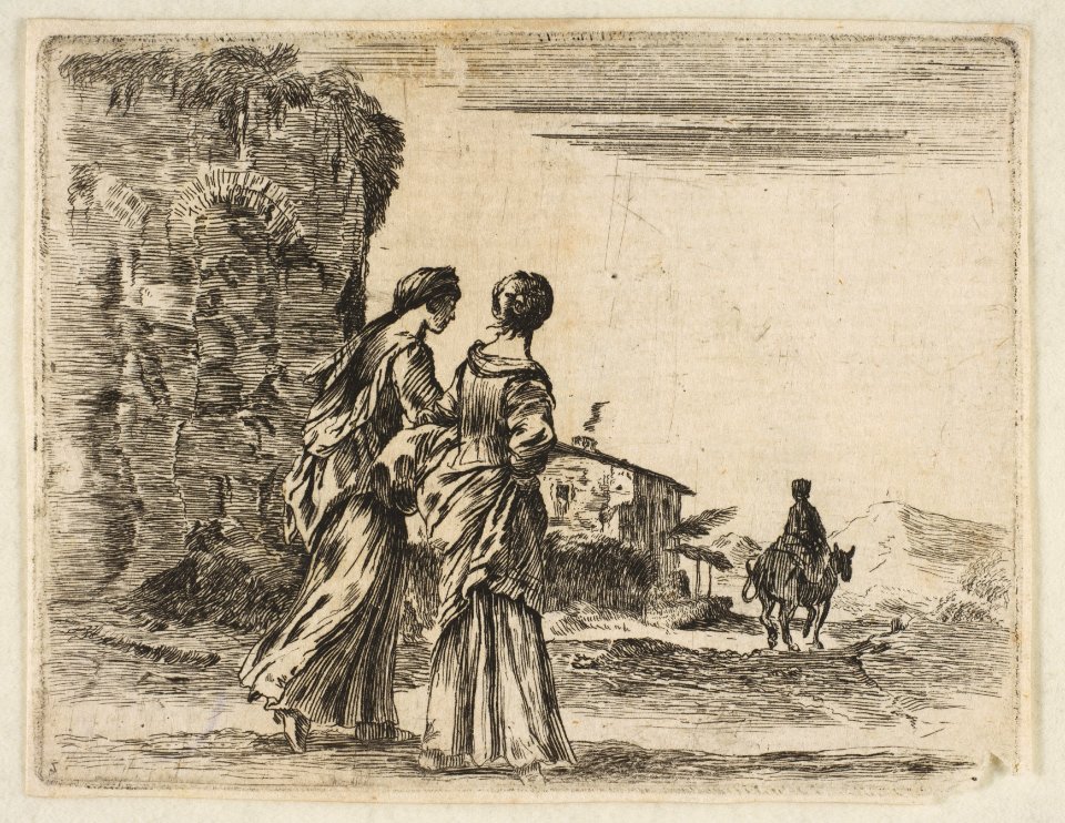 Plate 3- two girls walking towards the right, seen from behind, a woman on a horse to right in background, from 'Diversi capricci' MET DP817433