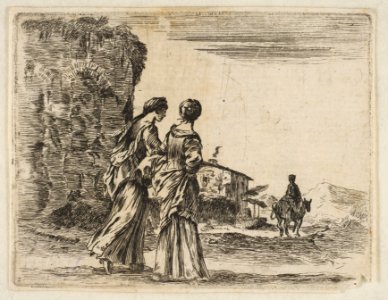 Plate 3- two girls walking towards the right, seen from behind, a woman on a horse to right in background, from 'Diversi capricci' MET DP817433