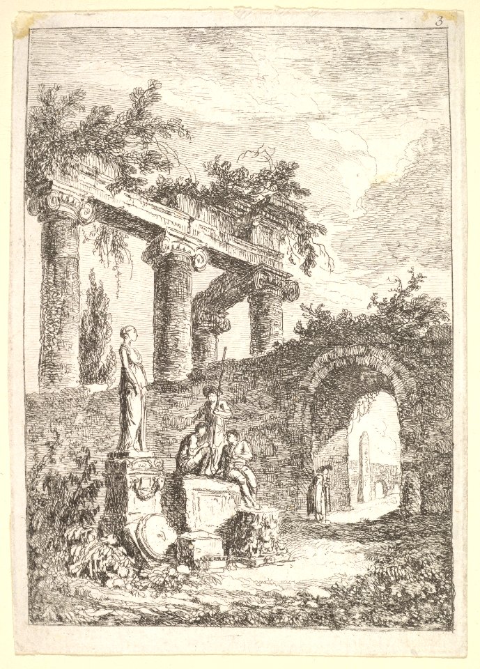 Plate 3- The Statue Before the Ruins- a statue to left next to three figures on a pedestal, a beggar standing in an archway to right, four columns and the remains of an entablature to top left, from 'Les soirées de Rome' MET DP829180