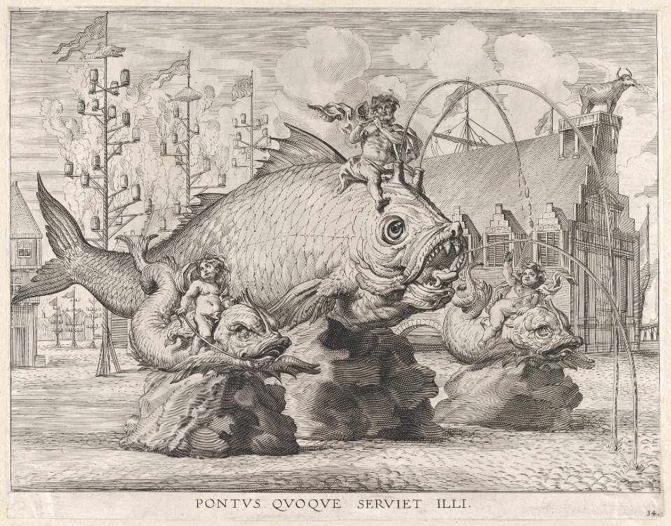 Plate 34- King Ferdinand as Neptune, seated on a whale at center, with putti atop two small fish on either side; from Guillielmus Becanus's 'Serenissimi Principis Ferdinandi, Hispaniarum Infantis...' MET DP874795