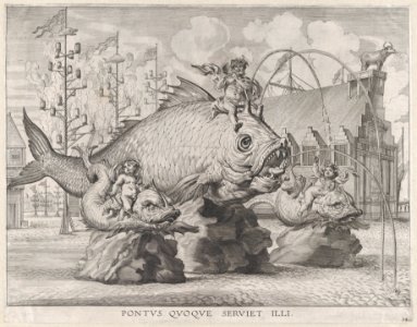 Plate 34- King Ferdinand as Neptune, seated on a whale at center, with putti atop two small fish on either side; from Guillielmus Becanus's 'Serenissimi Principis Ferdinandi, Hispaniarum Infantis...' MET DP874795