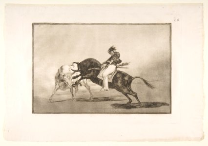 Plate 24 of the 'Tauromaquia'- The same Ceballos mounted on another bull breaks short spears in the ring at Madrid. MET DP817787