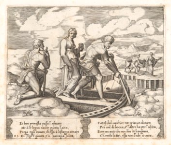 Plate 25- Psyche setting off in Charon's boat, ignoring the old man at left who requests alms, from the Story of Cupid and Psyche as told by Apuleius MET DP862831