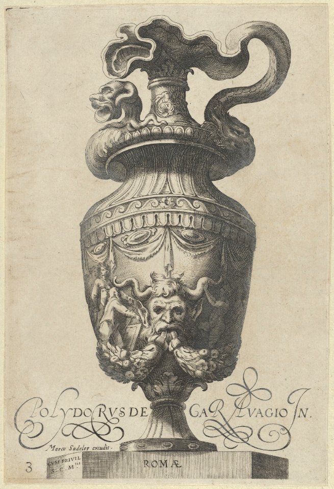 Plate 3- Vase with a satyr's mask and garlands, from Antique Vases (Vasa a Polydoro Caravagino) MET DP837052