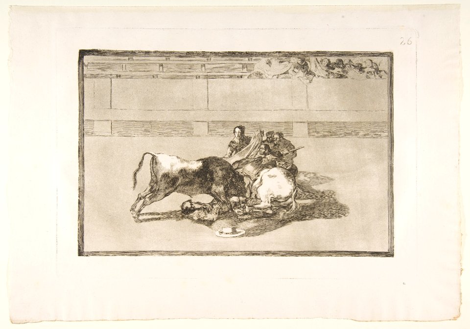 Plate 26 from the 'Tauromaquia'-A picador is unhorsed and falls under the bull. MET DP817523
