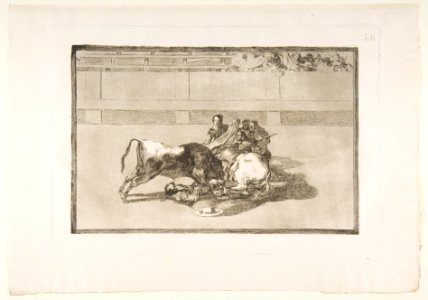 Plate 26 from the 'Tauromaquia'-A picador is unhorsed and falls under the bull. MET DP817523
