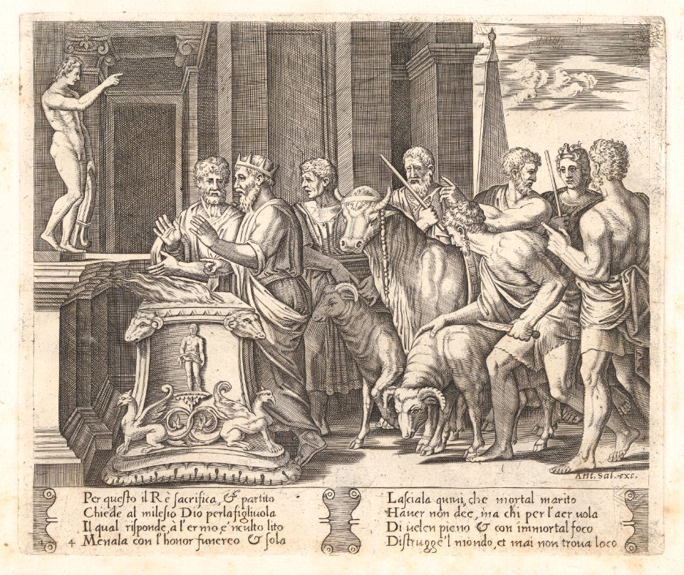 Plate 4- Psyche's father consulting the Oracle, accompanied by another king, from the Story of Cupid and Psyche as told by Apuleius MET DP862810