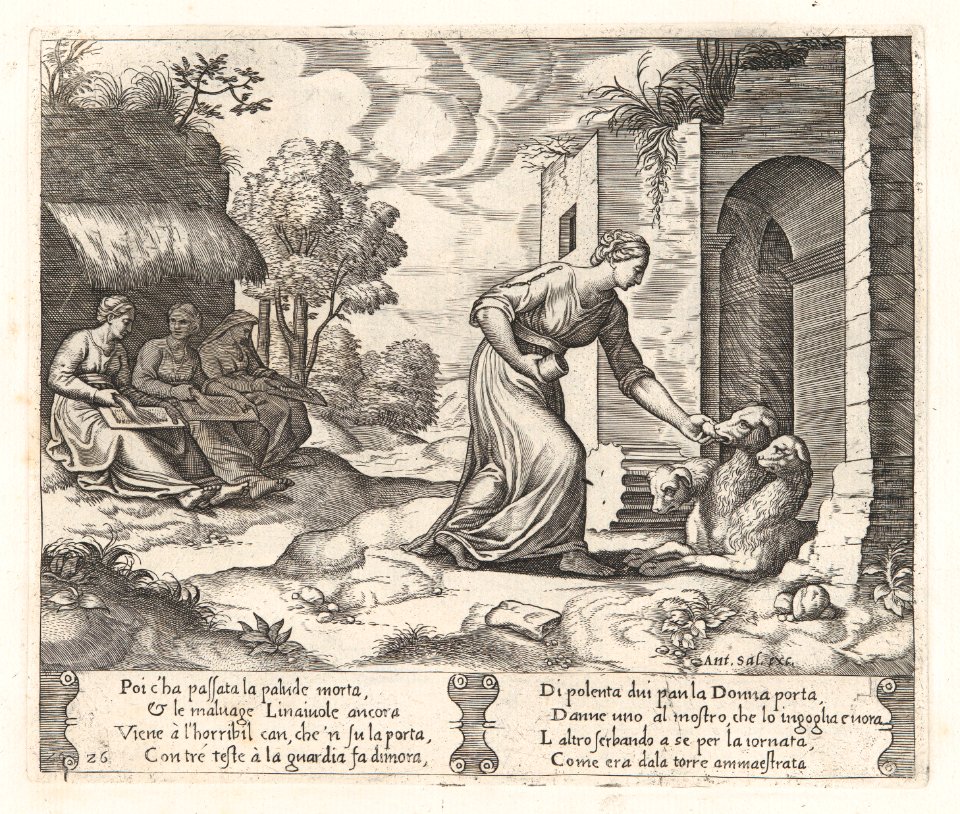Plate 26- Psyche enters the underworld giving an offering to Cerberus, with two elderly women at left, from the Story of Cupid and Psyche as told by Apuleius MET DP862832