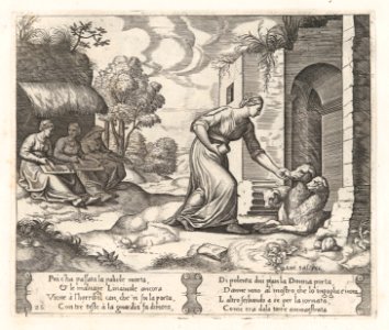 Plate 26- Psyche enters the underworld giving an offering to Cerberus, with two elderly women at left, from the Story of Cupid and Psyche as told by Apuleius MET DP862832