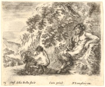 Plate 23- a satyr sitting against a tree to right and holding a flute in his right hand, a child playing with a goat to left, from 'Diversi capricci' MET DP833170