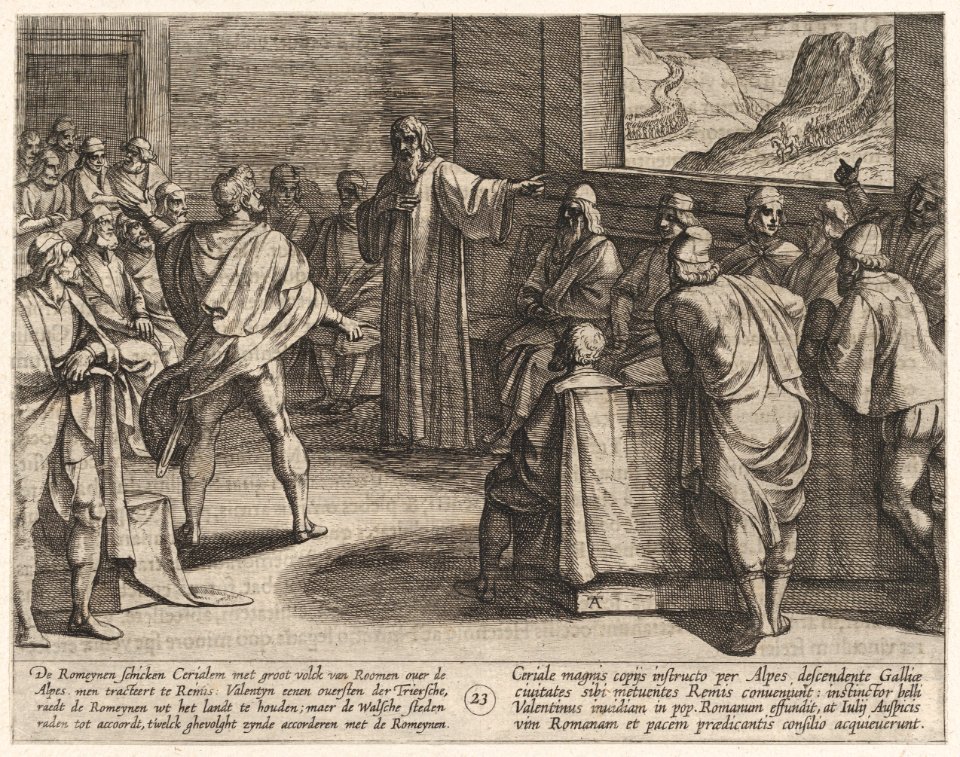 Plate 23- Conference on What Steps to Take Upon the Romans' New Troops Approaching Across the Alps, from The War of the Romans Against the Batavians (Romanorvm et Batavorvm societas) MET DP862866