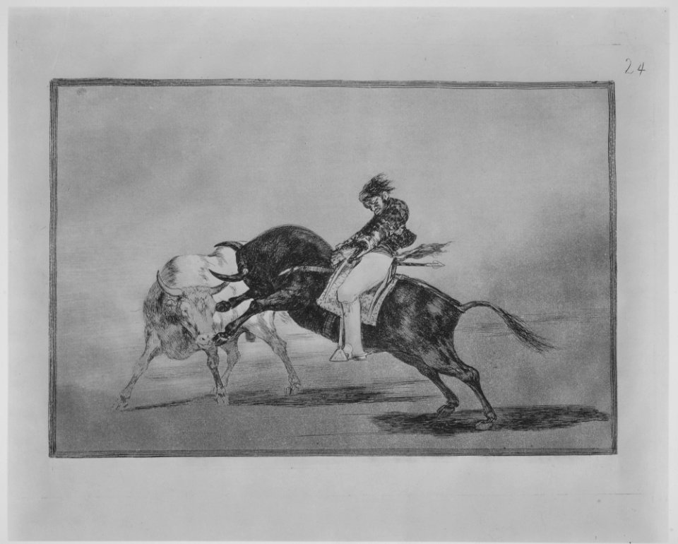 Plate 24 of the 'Tauromaquia'- The same Ceballos mounted on another bull breaks short spears in the ring at Madrid. MET MM8275