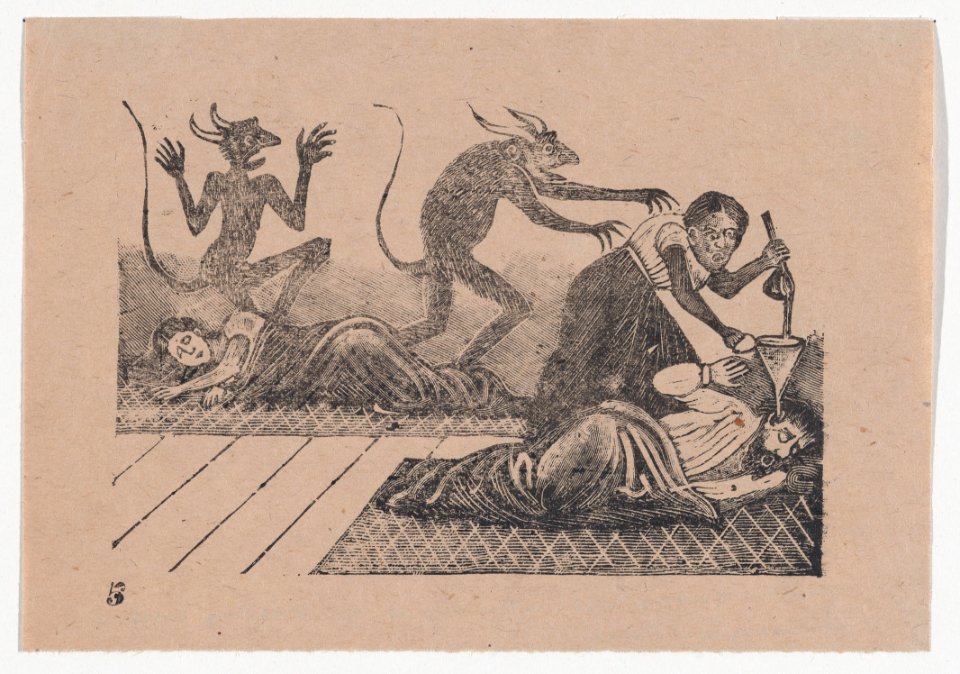 Plate 5- A woman pouring lead into the ear of her sleeping husband MET DP867994