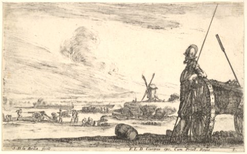Plate 5- A Pikeman standing at right next to a canon, other military figures in the background, from 'Various Military Caprices' (Varii capricci militari) MET DP829710