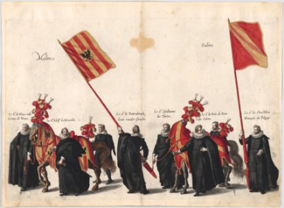 Plate 33- Men with heraldic flags and horses from Mechelen and Salins marching in the funeral procession of Archduke Albert of Austria; from 'Pompa Funebris ... Alberti Pii' MET DP874771