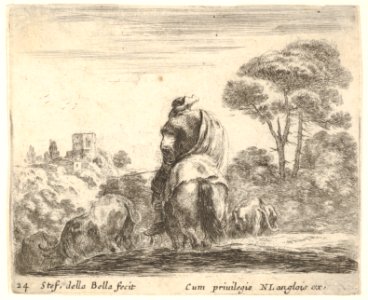 Plate 24- herdsman atop a horse, seen from behind, leads his cattle down a hill, a tower on a hill to left in the background, from 'Diversi capricci' MET DP833171