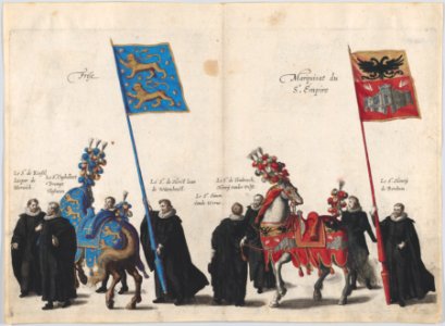 Plate 34- Men with heraldic flags and horses from Frise and the Hapsburg Empire marching in the funeral procession of Archduke Albert of Austria; from 'Pompa Funebris ... Alberti Pii' MET DP874770