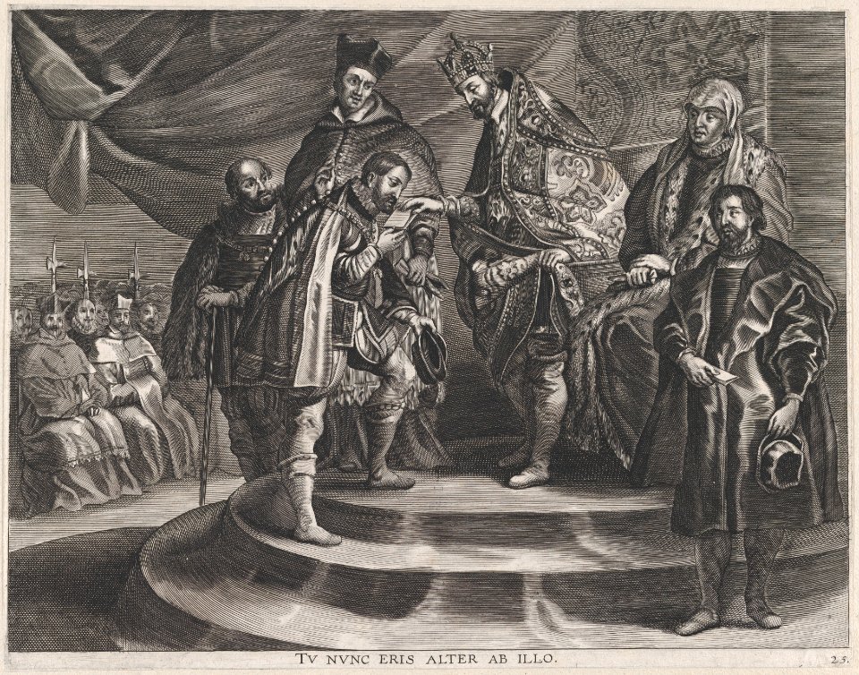 Plate 25- Philip crowned King of Spain by his father, Charles V; from Guillielmus Becanus's 'Serenissimi Principis Ferdinandi, Hispaniarum Infantis...' MET DP874800