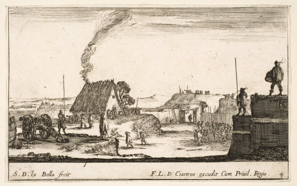 Plate 4- A military encampment with a soldier standing on a parapet to the right beating a drum, from 'Various Military Caprices' (Varii capricci militari) MET DP817420