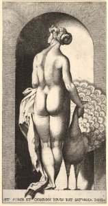 Plate 4- Juno standing in a niche, viewed from behind, stroking a peacock to her right, from a series of mythological gods and goddesses MET DP830912