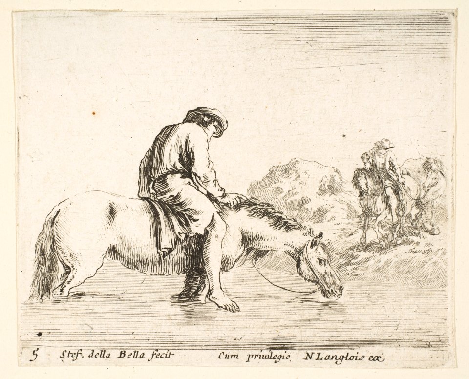 Plate 5- a barefoot peasant on horseback crossing a river, another peasant on horseback and leading a horse on a bank to right in the background, from 'Diversi capricci' MET DP817356